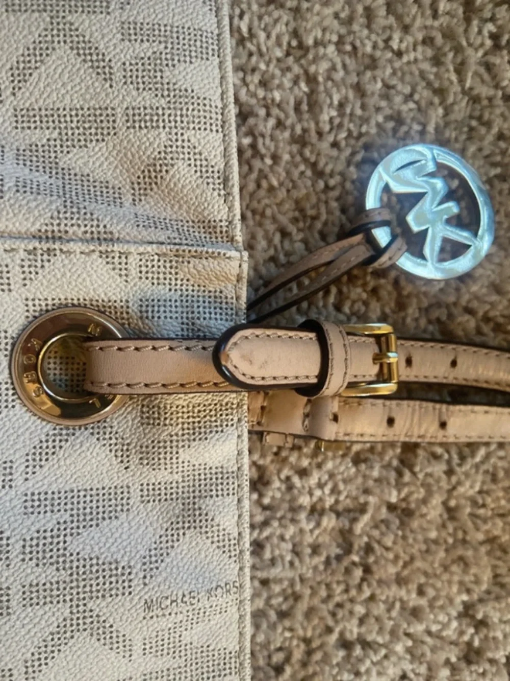 MICHAEL Michael Kors Cream MK Logo Tote with Tan Leather Straps